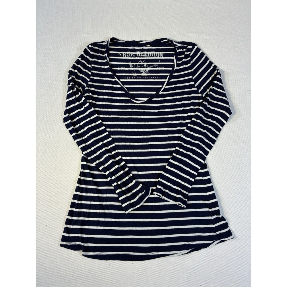 True Religion World Tour Navy‎ White Striped V-Neck Long Sleeve Shirt Large